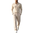 thumbnail image 3 of GrmtClth Casual 2 Piece Matching Sets For Men Linen Blend Chest Pocket Button Down Shirt Adjustable Drawstring Straight Pants Solid Tone All Season Beach Travel Suit Khaki 3XL, 3 of 6