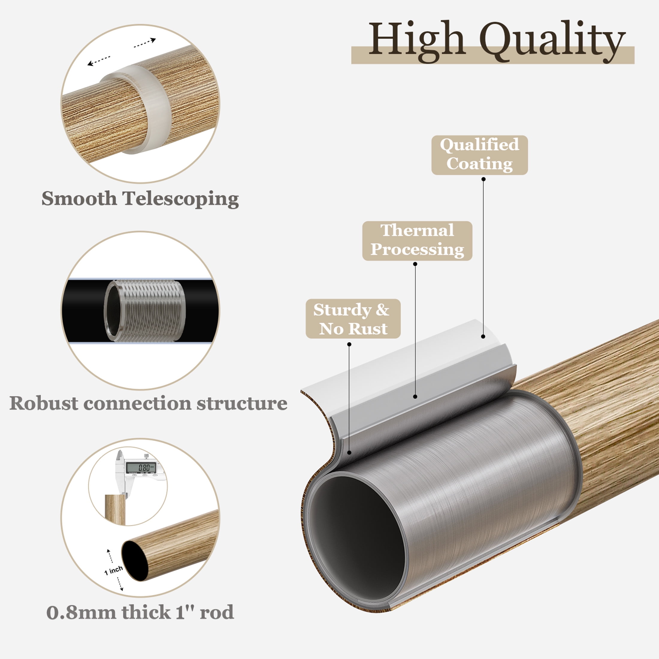 Yokila Farmhouse White And Brown Curtain Rods for Windows 18 to 60 Inches Adjustable Length Heavy Duty 1" Diameter Single Window Curtain Rod with Decorative Finials for Bedroom Living Room Kitchen