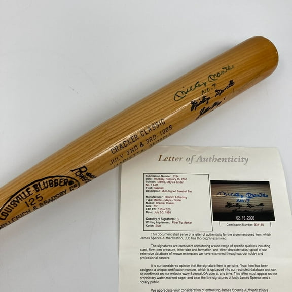 Mickey Mantle Willie Mays  Duke Snider Signed Baseball Bat JSA COA