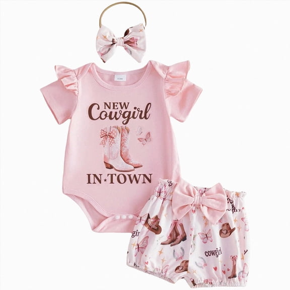 UngA Western Baby Girl Summer Outfit Short Sleeve New Cowgirl in Town Romper Boots Print Shorts Set Newborn Cowgirl Clothes 9-12 Months,Pink