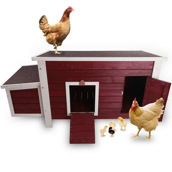 PETSFIT Large Chicken Coop with Upgraded Perches, Wooden Outdoor Hen House with Large Nesting Box, Weatherproof Asphalt Roof,Red