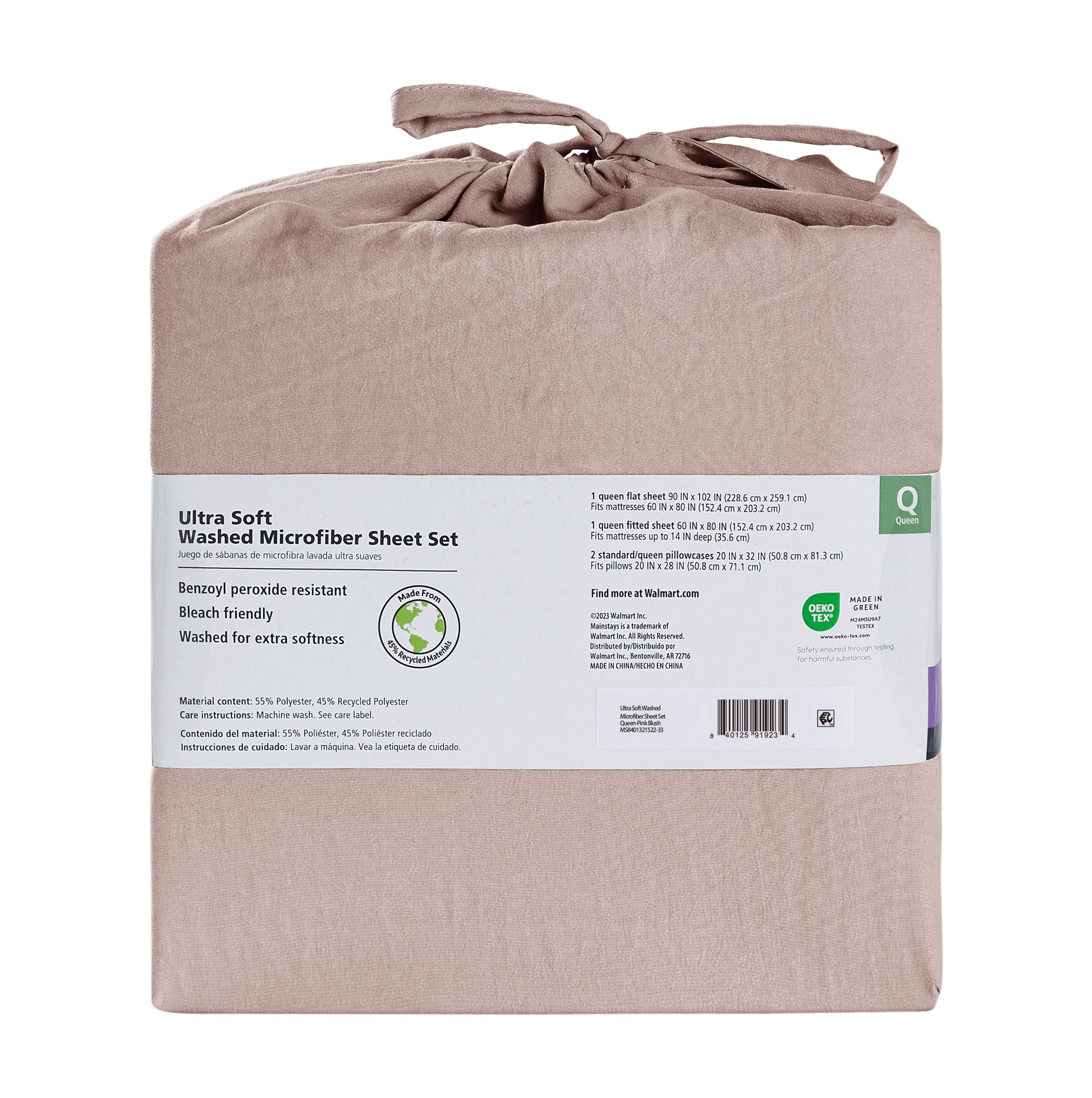 Mainstays Washed Ultra Soft Microfiber Bed Sheet Set, King, Pink Blush, 4 Piece