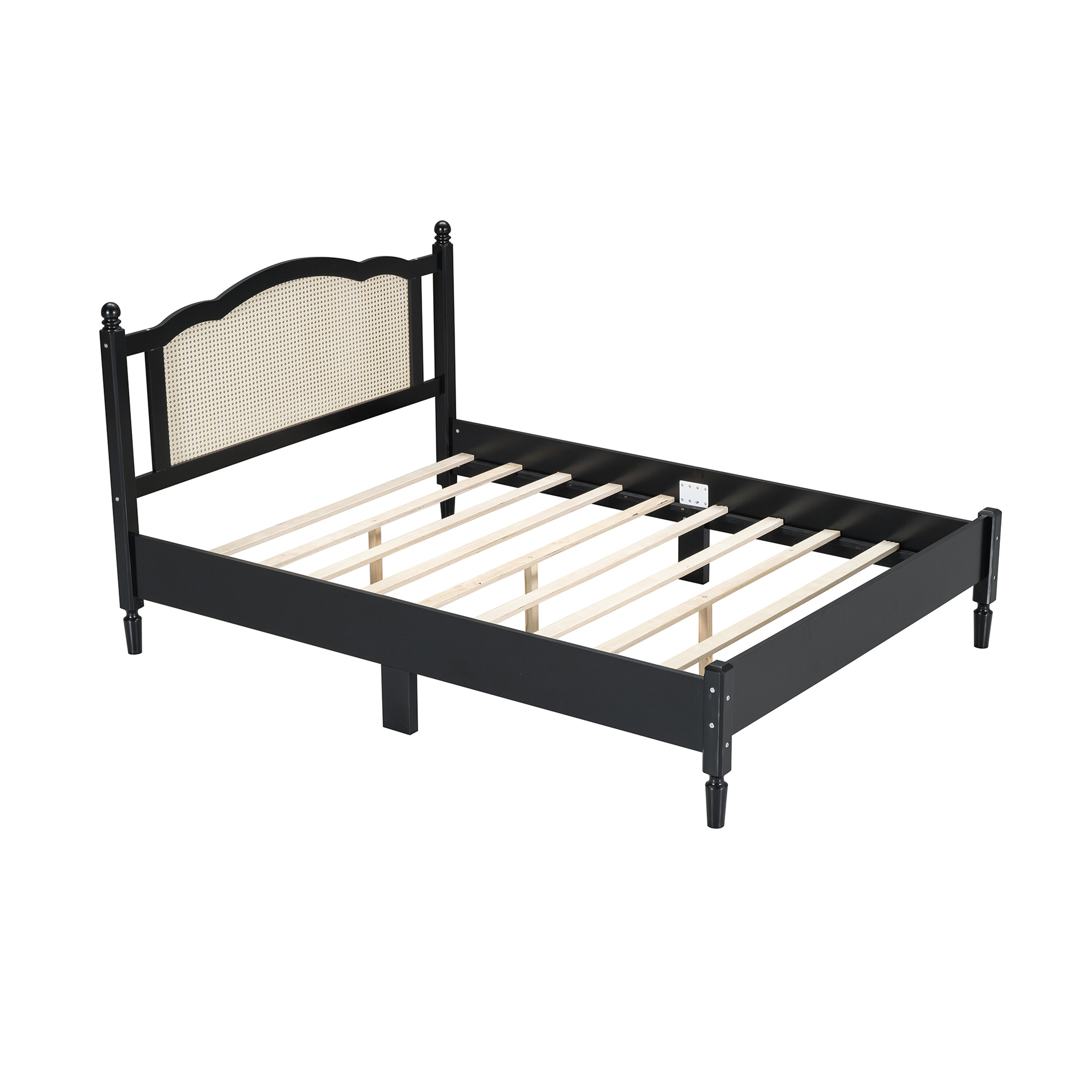 Queen Size Adjustable Bed Base, Queen Size Wooden Platform Bed with Natural Rattan Headboard, Vintage Bed Frame with Wooden Slat Support, Black, Black Bed Frames,Wood Platform Bed Frames