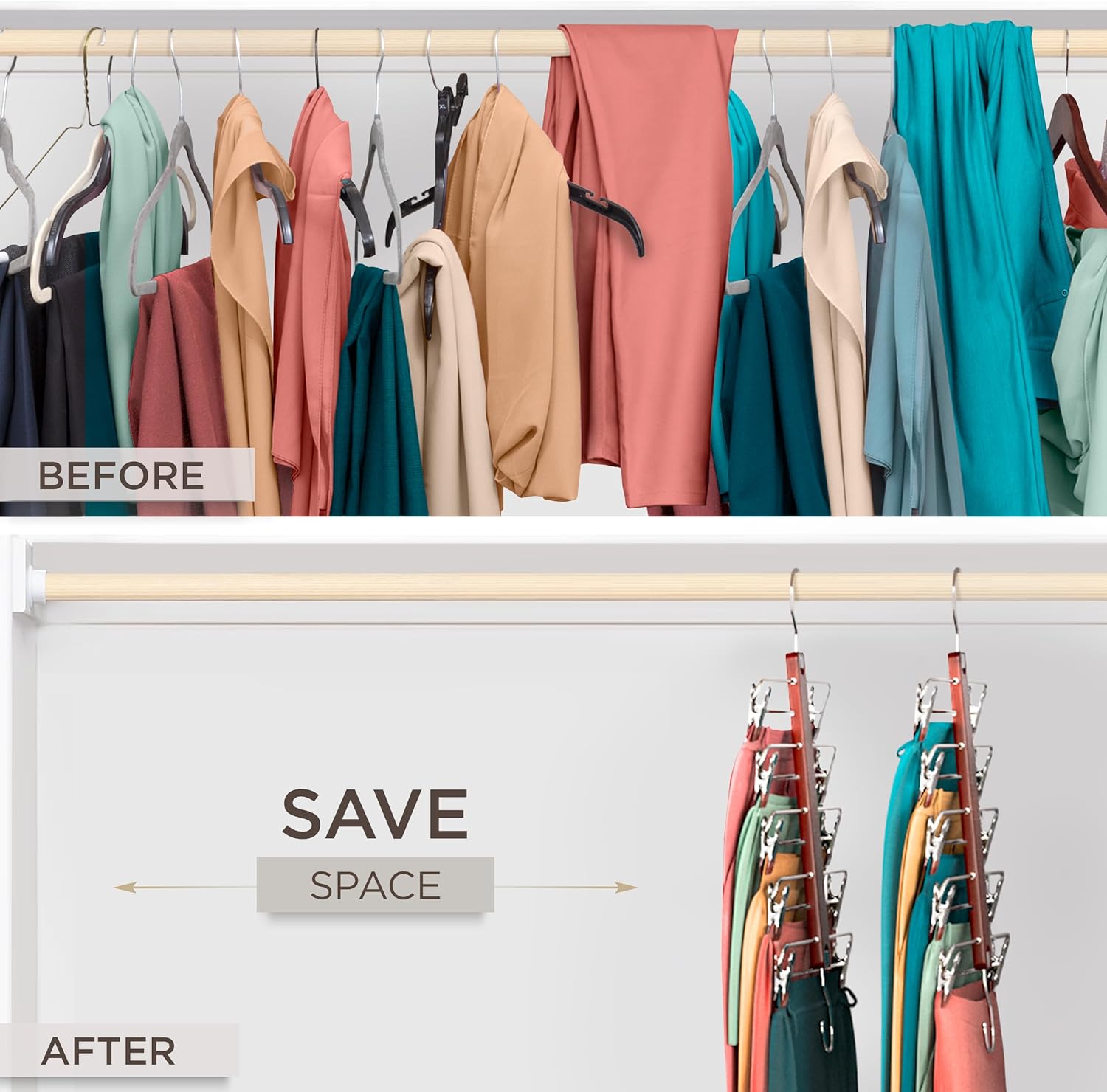 Skirt Hangers Space Saving with Clips - 2 Pack - European Beechwood 5-Tier Hanger for Shorts, Skirts, and Pants - Closet Organizer and Storage Solution for Women with 360 °   Swivel Hook