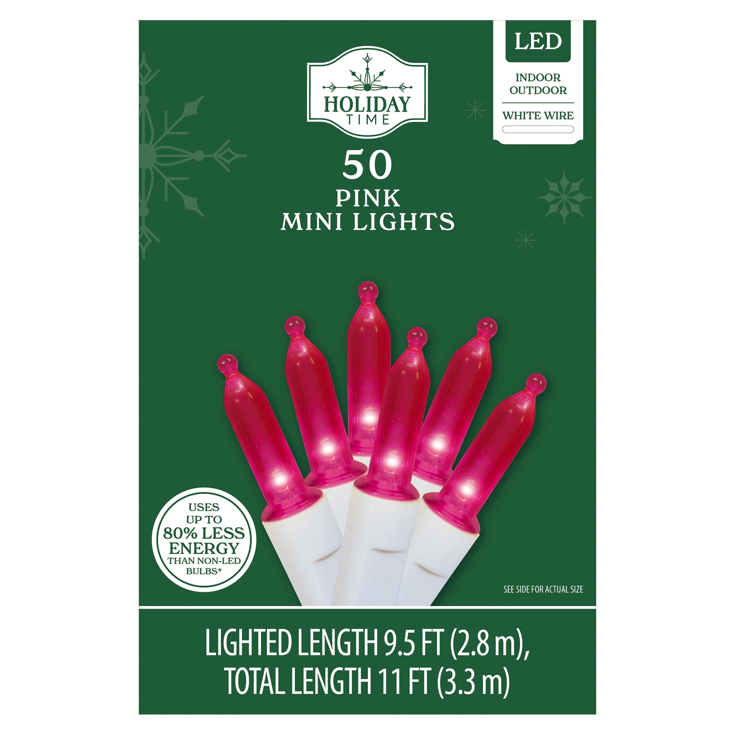 Indoor/Outdoor 50-Count LED Mini Christmas String Lights, Pink, White Wire, 9.5', by Holiday Time
