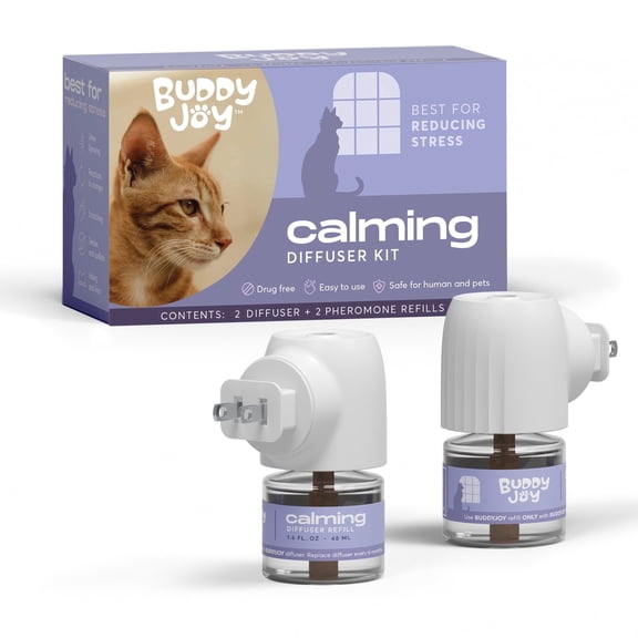 BuddyJoy Cat Calming Diffuser Refills – Long-Lasting 30-Day Formula, Cat Pheromones Calming Diffuser for Stress Relief, Relaxation, and Anxiety Reduction, Easy to Use – (2 Diffusers   2 Refills)