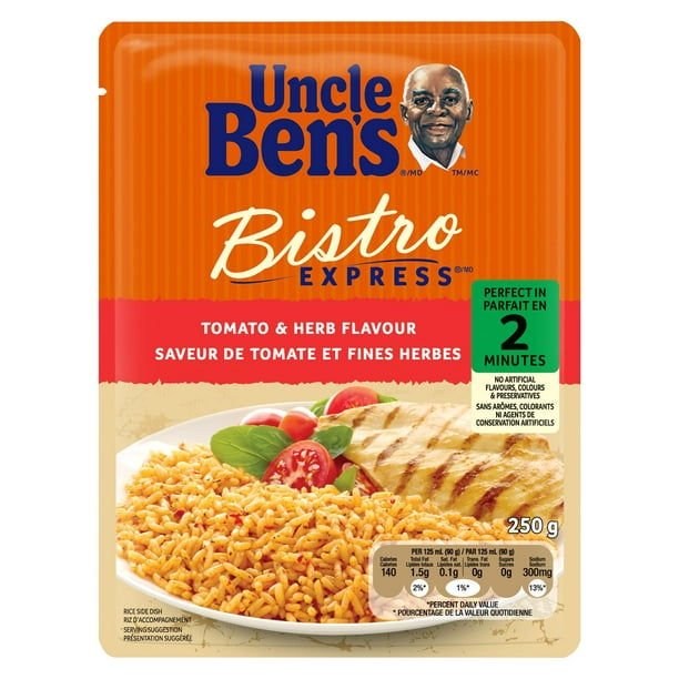 Riz aux tomates et aux fines herbes Bistro Express(MD) de Uncle Ben’s, 240g pour 2 personnes.