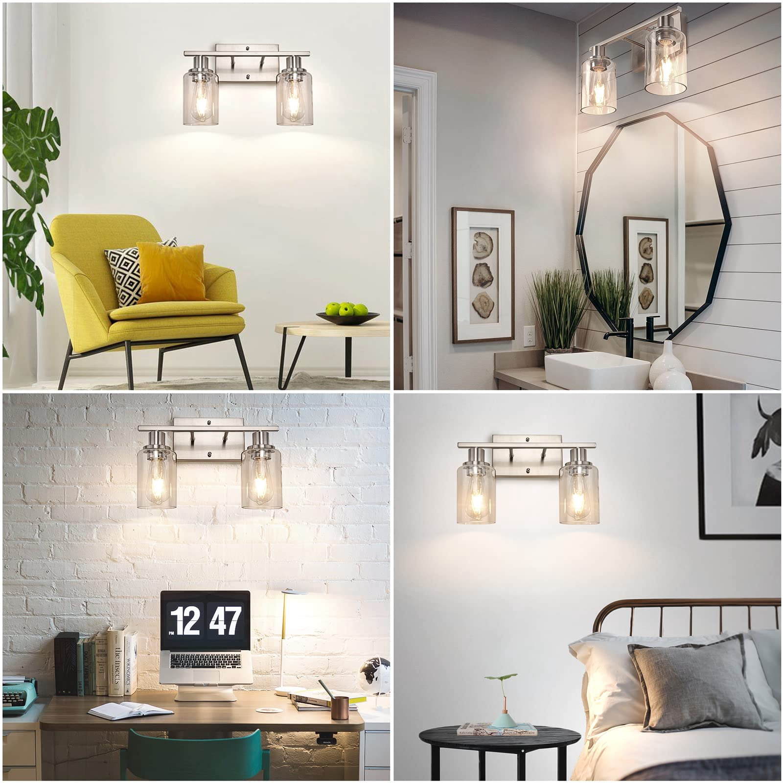 2-light Bathroom Vanity Light Fixture  Brushed Nickel Fixtures Over Mirror Modern Wall Mounted Lighting With Clear Glass Shade For Bedroom Hallway