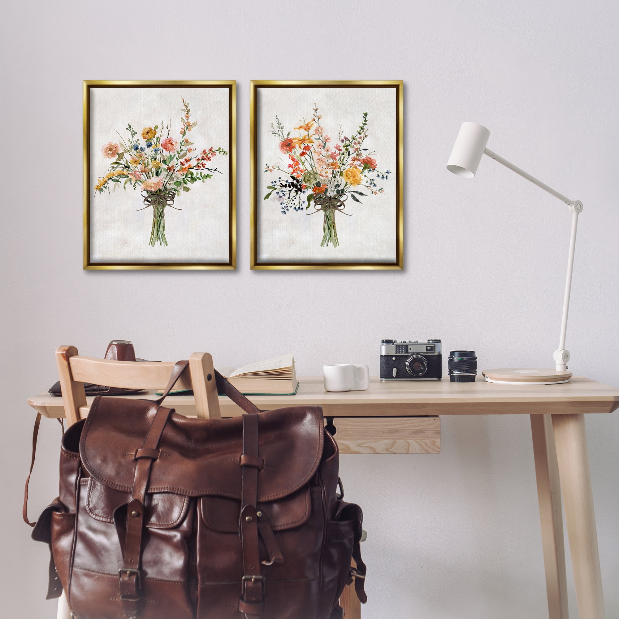 Stupell Industries Fresh Cut Tied Floral Bouquet Plants & Flowers Painting Gold Floater Framed Canvas Art Print Wall Art, 17 x 21, Set of 2