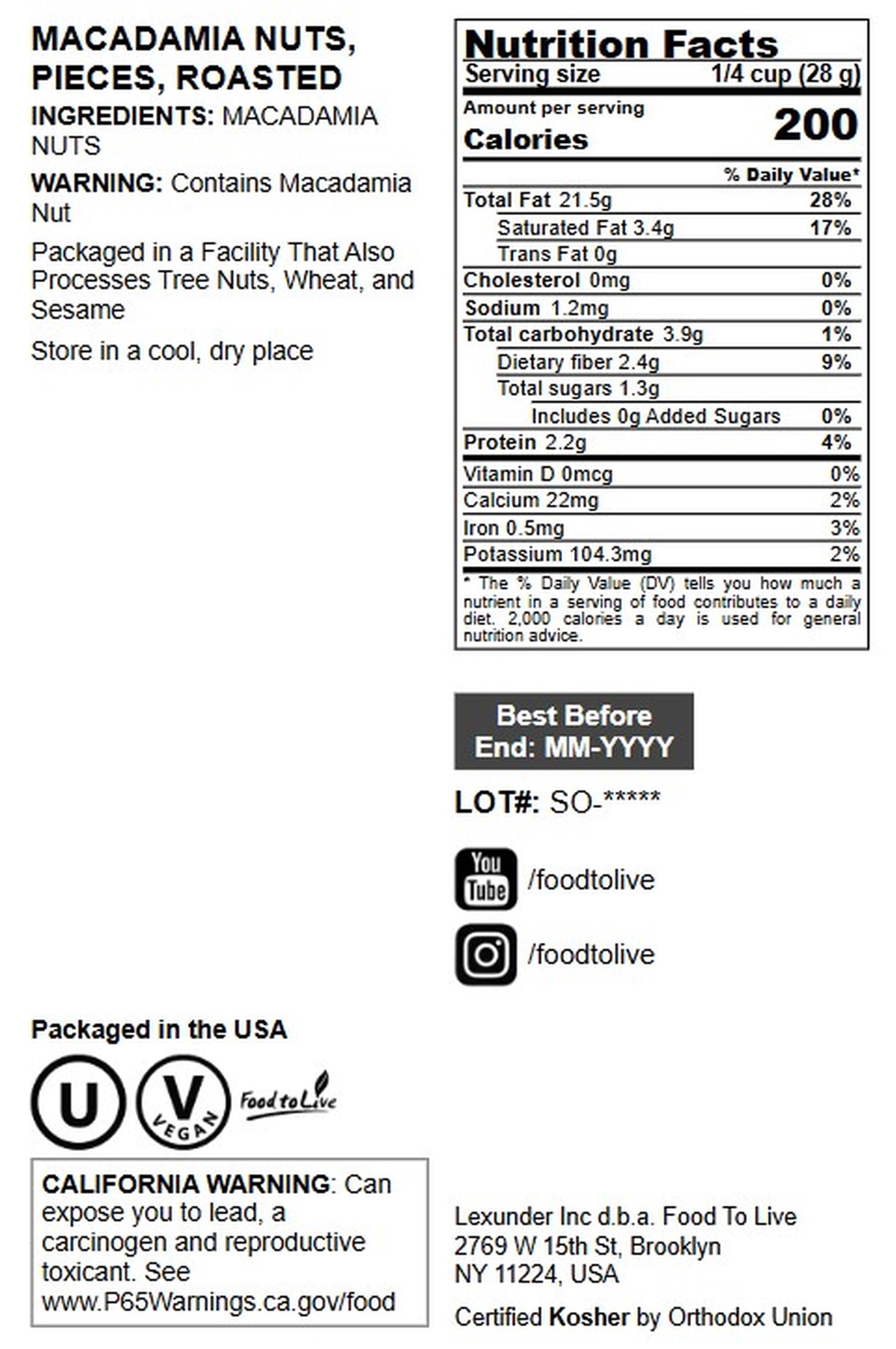 Dry Roasted Macadamia Nuts Halves and Pieces, 1 Pound – Vegan, Kosher, Bulk - by Food to Live