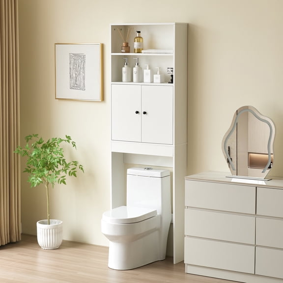 BTMWAY Bathroom Cabinets Over The Toilet, Home Over The Toilet Storage with Inner Adjustable Shelf and Open Storage Shelf, Modern Over Toilet Cabinet Bathroom Organizer Cabinet Space Saver, White
