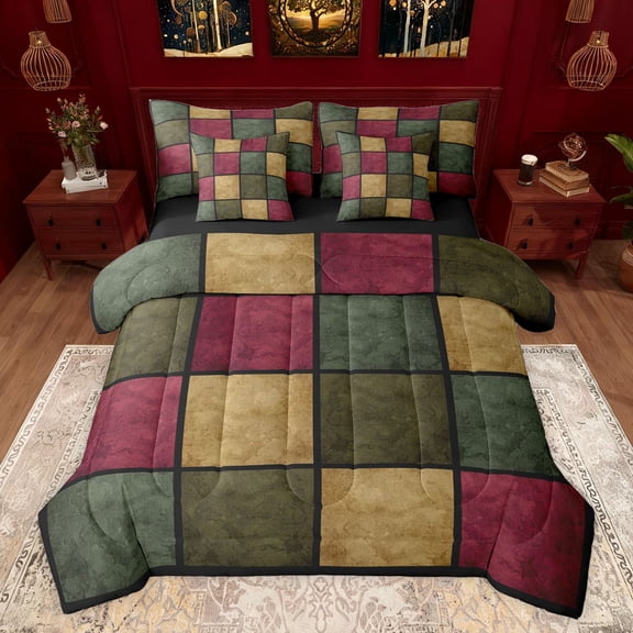 Castle Fairy Geometric Plaid Twin Bedding Sets 7-Piece for Boys Girls,Vintage Aesthetic Bedding Comforter Set Microfiber,Abstract Retro Grid Breathable Sheet Sets,Microfiber Bedroom Decor,Reversible