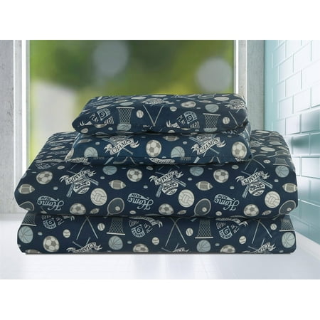 Full 4 Piece Sheet Set Bedding Sports Kids Boys Football Baseball Basketball Athlete Blue