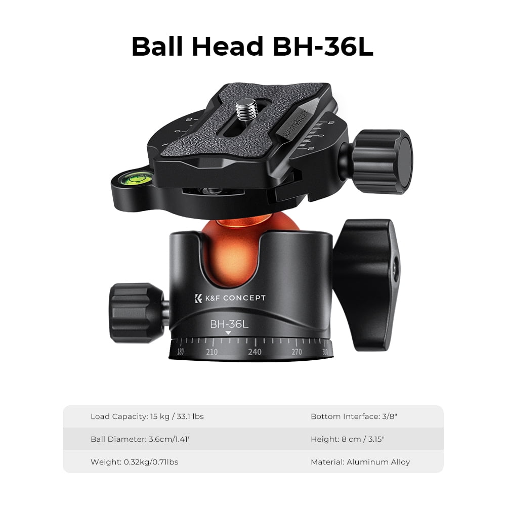 K&F Concept 61.4"/156cm Professional Carbon Fiber Tripod, 15kg/33lbs Load Camera Tripod with 360° Ball Head, Portable Detachable Monopod for DSLR Camcorders