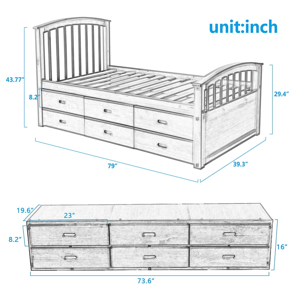Private Jungle Solid Wood Twin Size Bed with Storage, Platform Bed with 6 Drawers-Oak