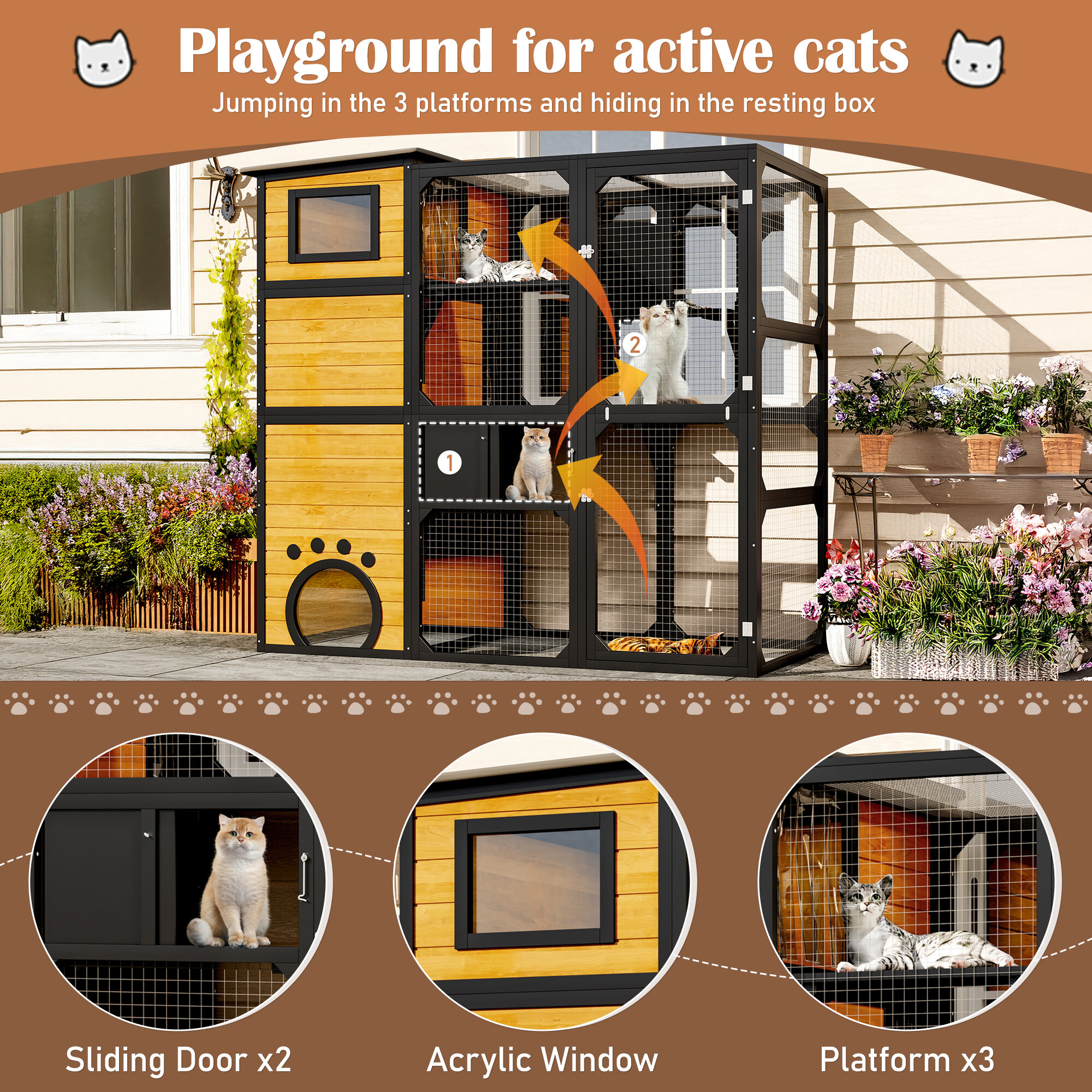 Pet Pens & Hutches GO Large Cat Catio 4 Tiers Cat Enclosure for Outdoor, Cat House Weatherproof Attached to Window for Multiple Cats with Platforms and Resting Rooms, Brown,Dog Pens