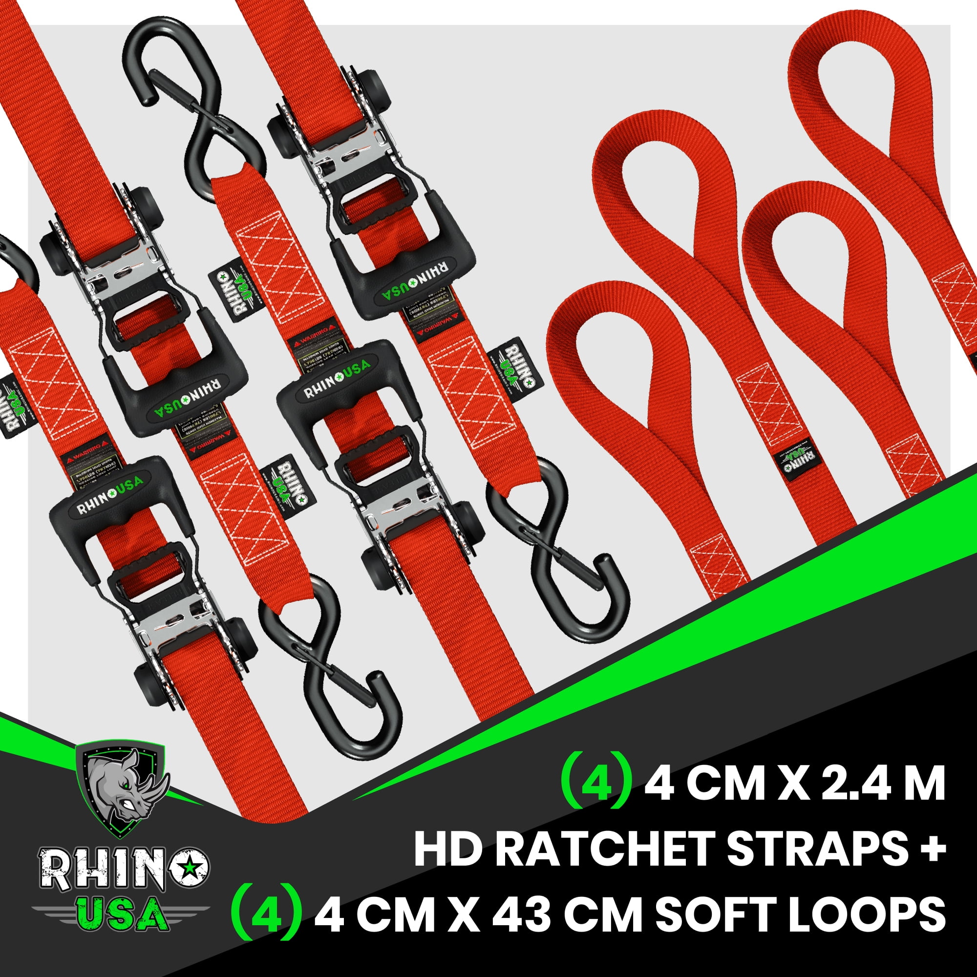 Rhino USA 1.6" x 15' Ratchet Strap Heavy Duty Kit w/ Safety S Hooks - 5,208lb Break Strength (Red 4pc)