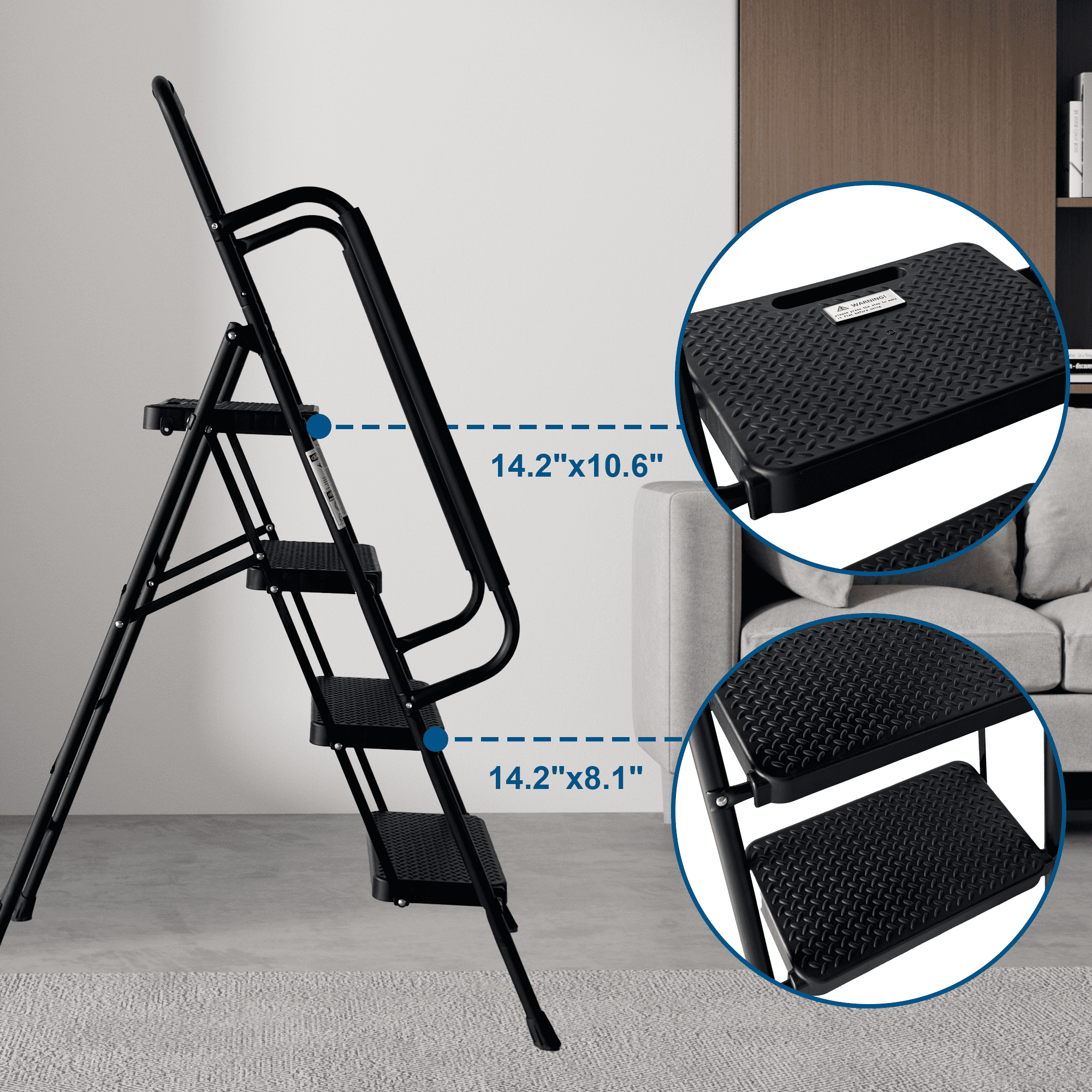 4 Step Folding Ladder, Steel Step Stool with Handrail & Wide Anti-Slip Pedals, 300 LBS Capacity Portable Foldable Ladder for Home Indoor Use