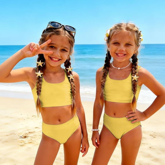 CCRFTGI Girls Swimsuit Size 6-7 Two Piece Sets Swim Vacation Bathing Suit Beach Vacation Solid Girls Bikini Cute Summer Girls Fashion Swim Suit Kids Bikini Yellow 1-2 Years