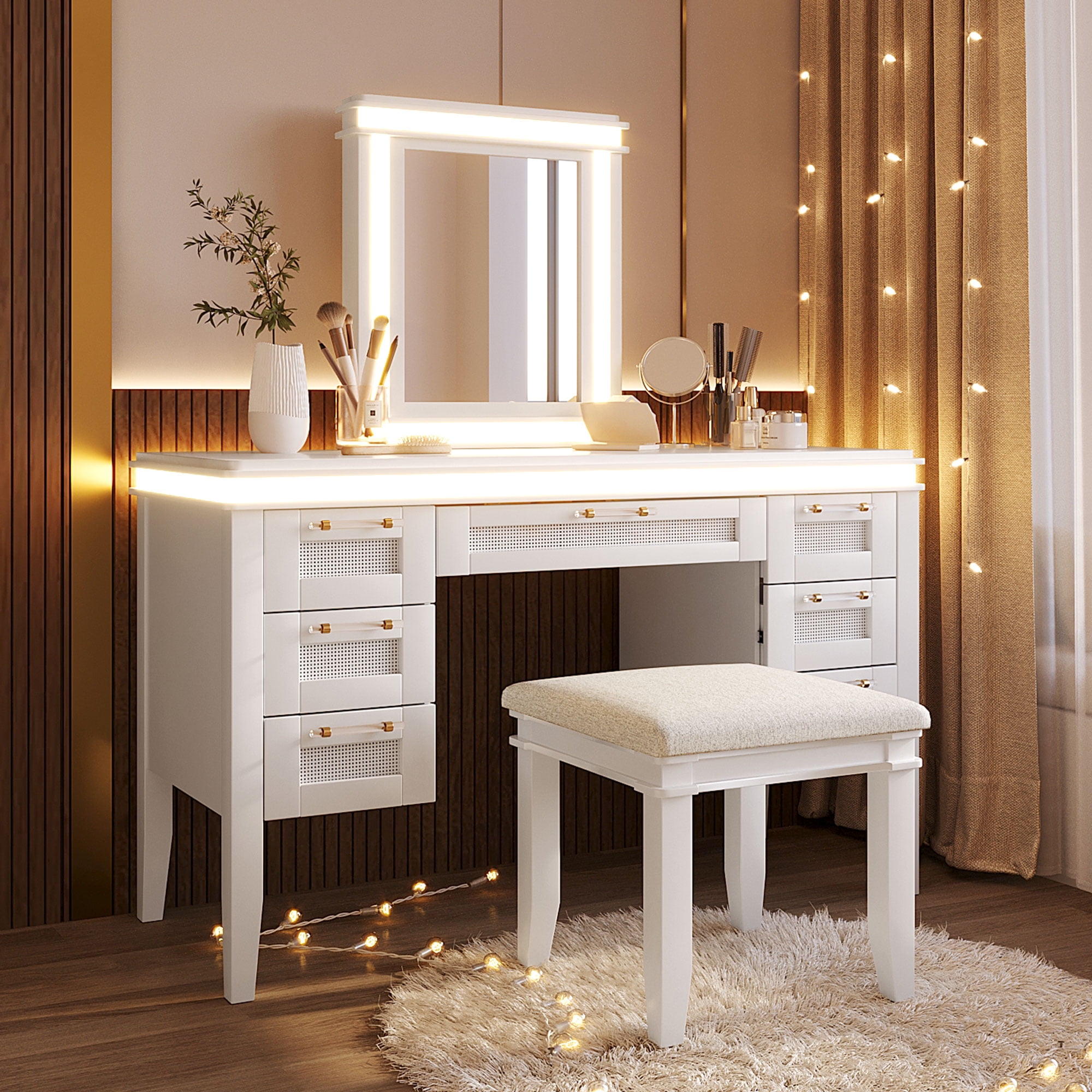 Mintazer Vanity Set with Mirror & Lights, Dressing Table with 7 Drawers and Stool, Makeup Vanity Desk with Hollow Design Drawer for Bedroom, White