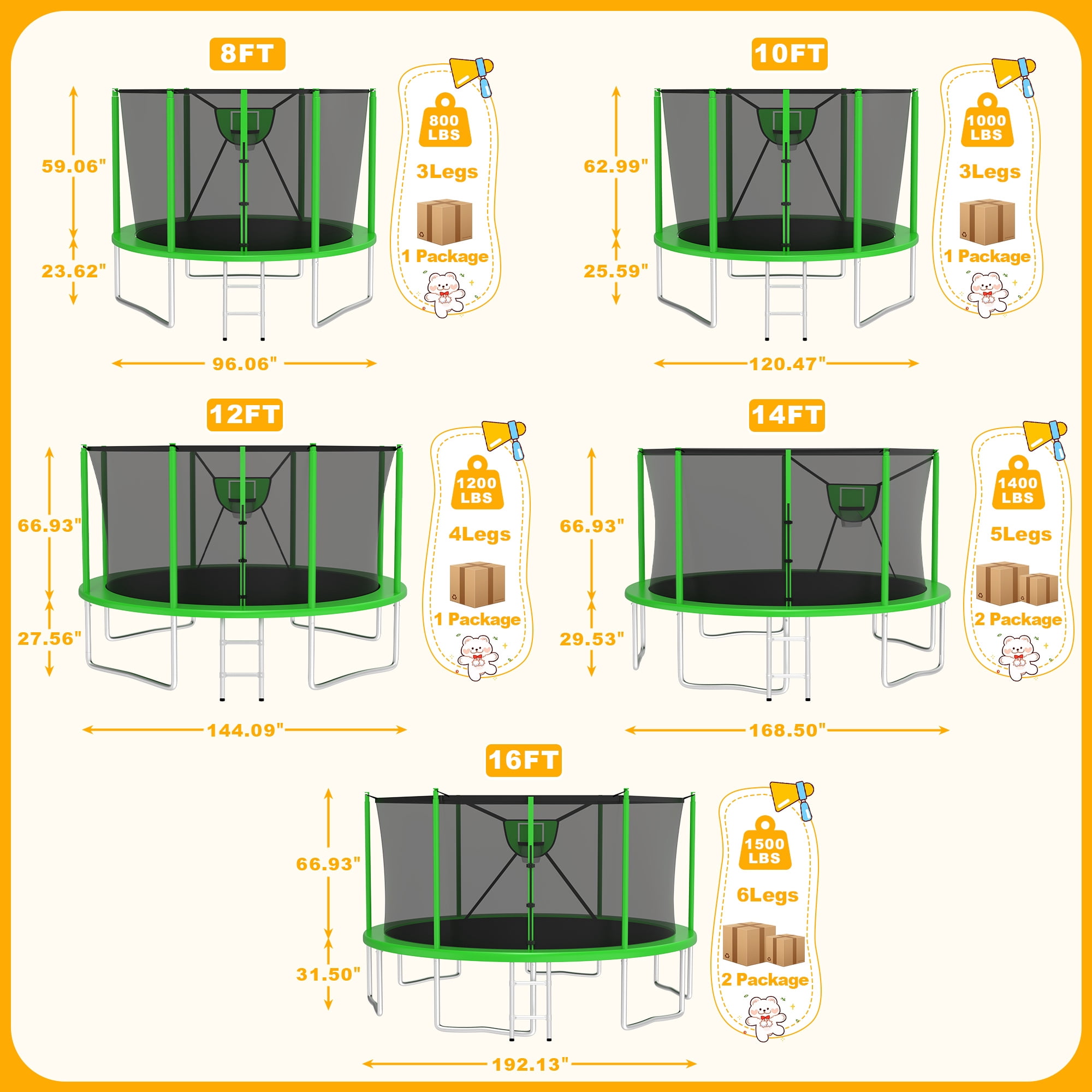 XMIKA Trampoline with Enclosure for Kids, 1200LBS 12FT Trampolines with Basketball Hoop, 10FT 14FT 16FT Outdoor Heavy Duty Recreational Trampoline with Ladder, Lights, Sprinkler, Easy to Install