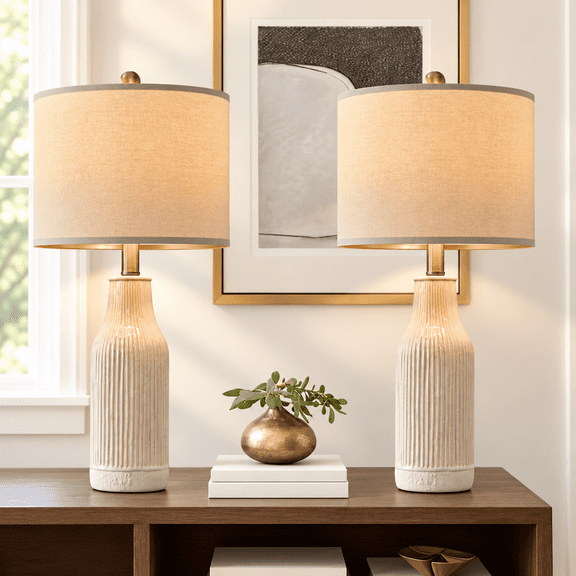 Yokila White Ceramic Table Lamps Set of 2 for Living Room Bedroom 23.25" Modern Bedside Nightstand Lamps