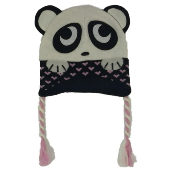 Girls Black & White Panda Bear Heart Peruvian Style Critter Trapper Hat