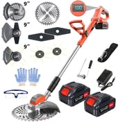 JahyElec 21V Cordless Grass Trimmer, 9" 3-in-1 Weed Eater & Edger with 2 Batteries & 3 Blade Types, Telescopic Pole with Digital Power Indicator and Shoulder Strap for Lawn Care