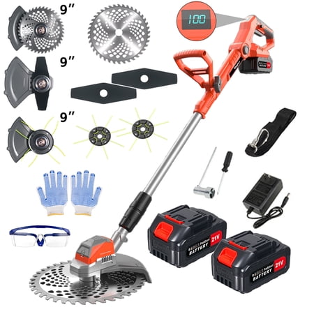 JahyElec 21V Cordless Grass Trimmer, 9" 3-in-1 Weed Eater & Edger with 2 Batteries & 3 Blade Types, Telescopic Pole with Digital Power Indicator and Shoulder Strap for Lawn Care