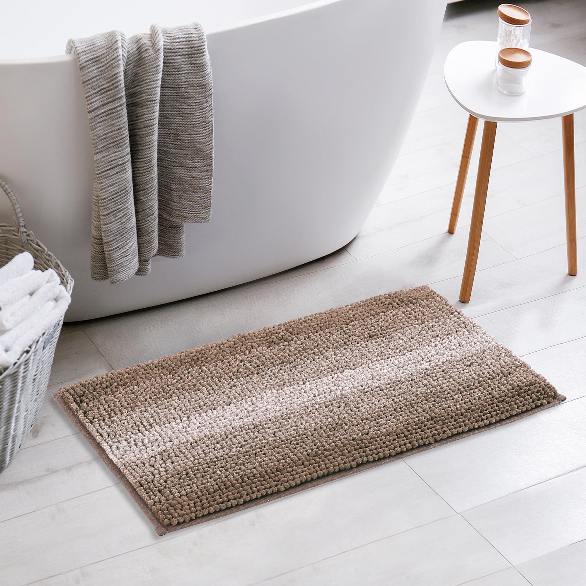 REGALWOVEN Contrasting Color Striped Bathroom Rugs, Non-Slip Plush Shaggy Bath Carpet, Bath Mats for Bathroom Floor, Tub and Shower Coffee 20" x 32"