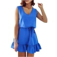 thumbnail image 2 of Gspmoly Robes d'Été pour Femmes, Mode Été Femmes Été Col en V Couleur Unie Volants Sans Manches Taille Élastique Robe (Ceinture Incluse) Robes de Vacances pour Femmes Liquidation, 2 of 6