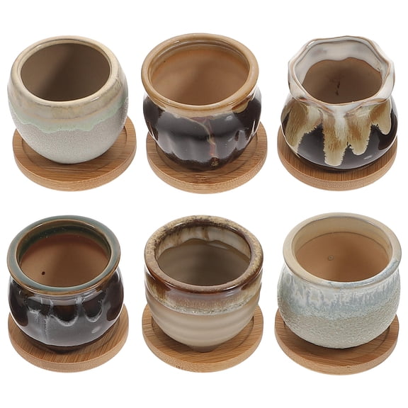 BESTYASH 6Pcs Small Ceramic Planter Pots with Drainage Holes and Bamboo Tray for Succulents