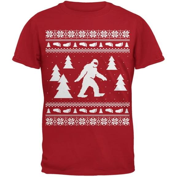 Sasquatch Ugly Christmas Sweater Red Adult T-Shirt - Medium