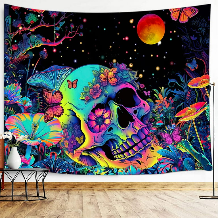 Blacklight Tapestry Skull Skeleton Tapestry for Bedroom Floral UV Mushroom Plants Reactive Tapestries Glow in the Dark Black Light Posters Tapestry Wall Hanging for Room 60X40IN Walmart