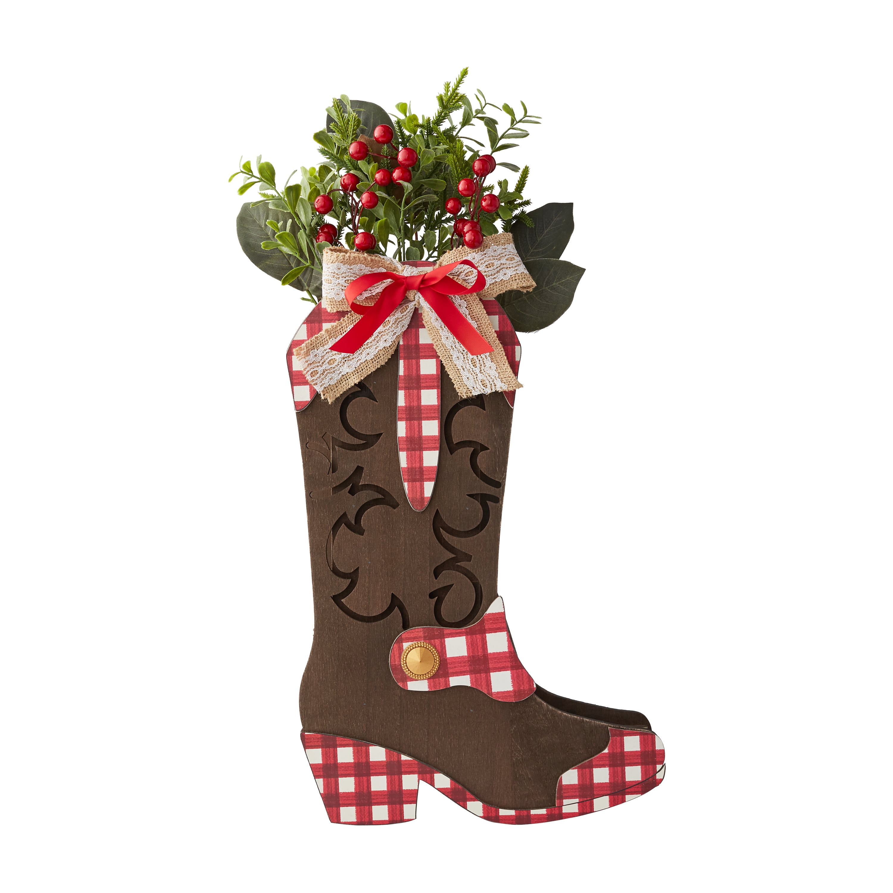 The Pioneer Woman 17'x11' Wooden Tabletop Christmas Decoration Boot, Red Gingham Floral