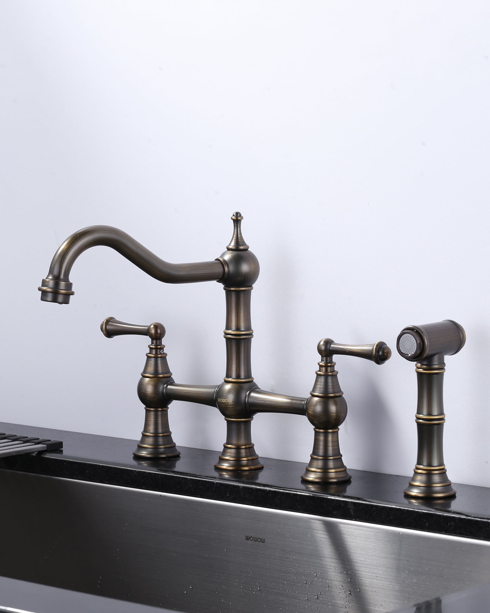 Wowow Double Handle 8 Inch Centerset Bridge Kitchen Faucet with Side Sprayer,Solid Brass Kitchen Faucet in Antique Bronze