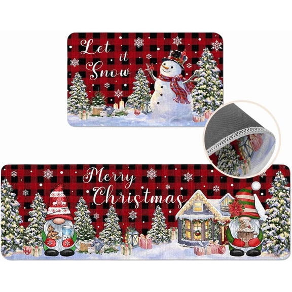 Christmas Kitchen Rugs Set of 2 Snowman Kitchen Mats Gnome Buffalo Plaid Xmas Tree Doormats Absorbent Area Runner Rugs Carpet Non Skid Floor Mat for Kitchen Home Winter Holiday Christmas Decorations