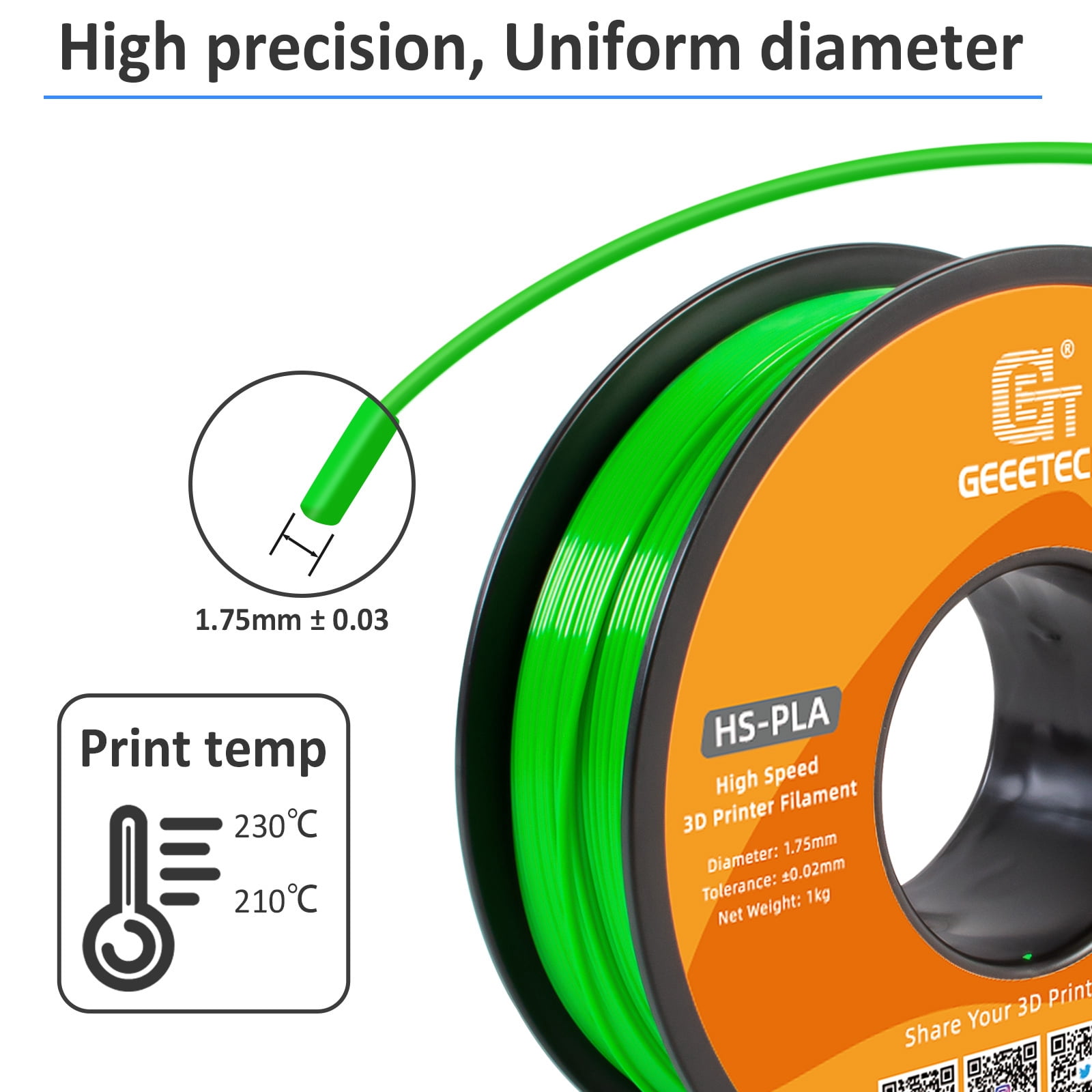 Geeetech 1.75mm PLA 3D Printer Filament, 10kg Spool (22lbs), Dimensional Accuracy +/- 0.03mm,Green