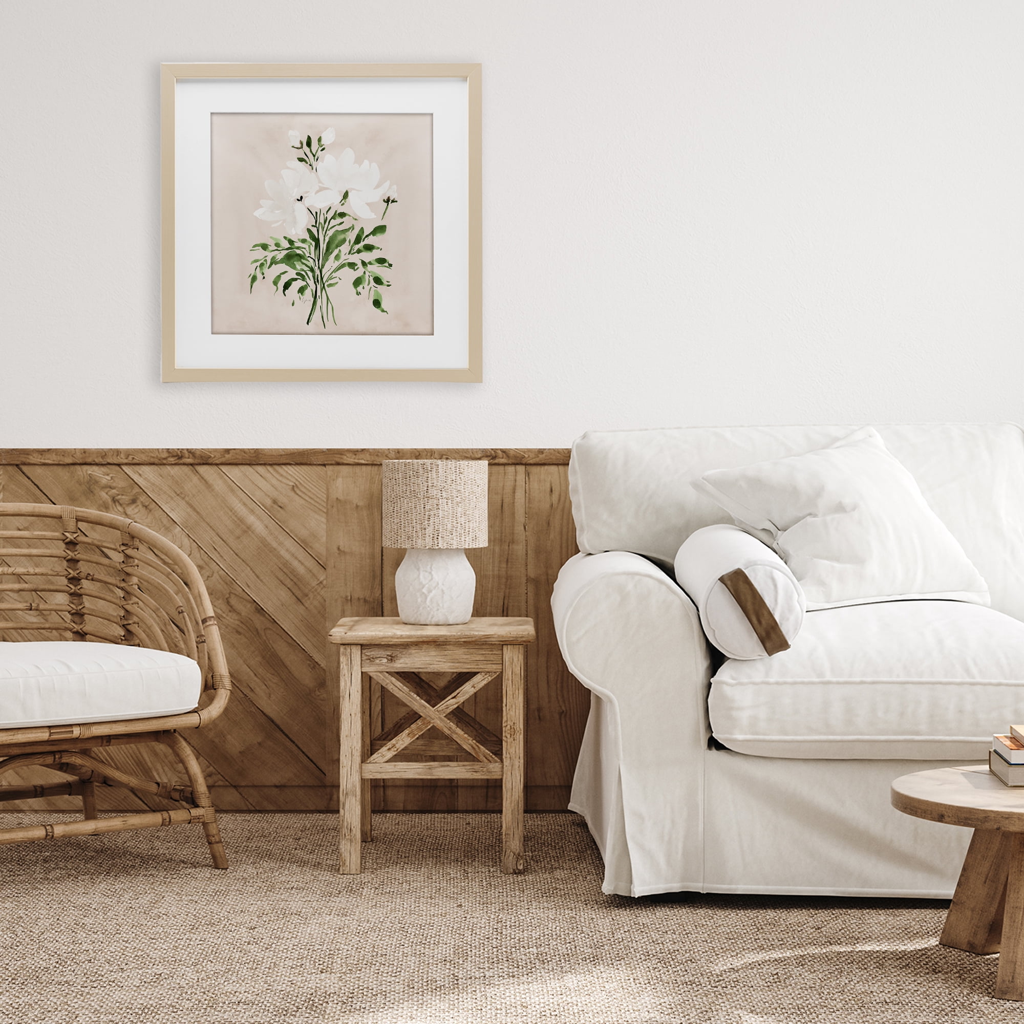 Stupell Industries White On Tan Floral Birch Framed Print Under Glass, design by Lucille Price