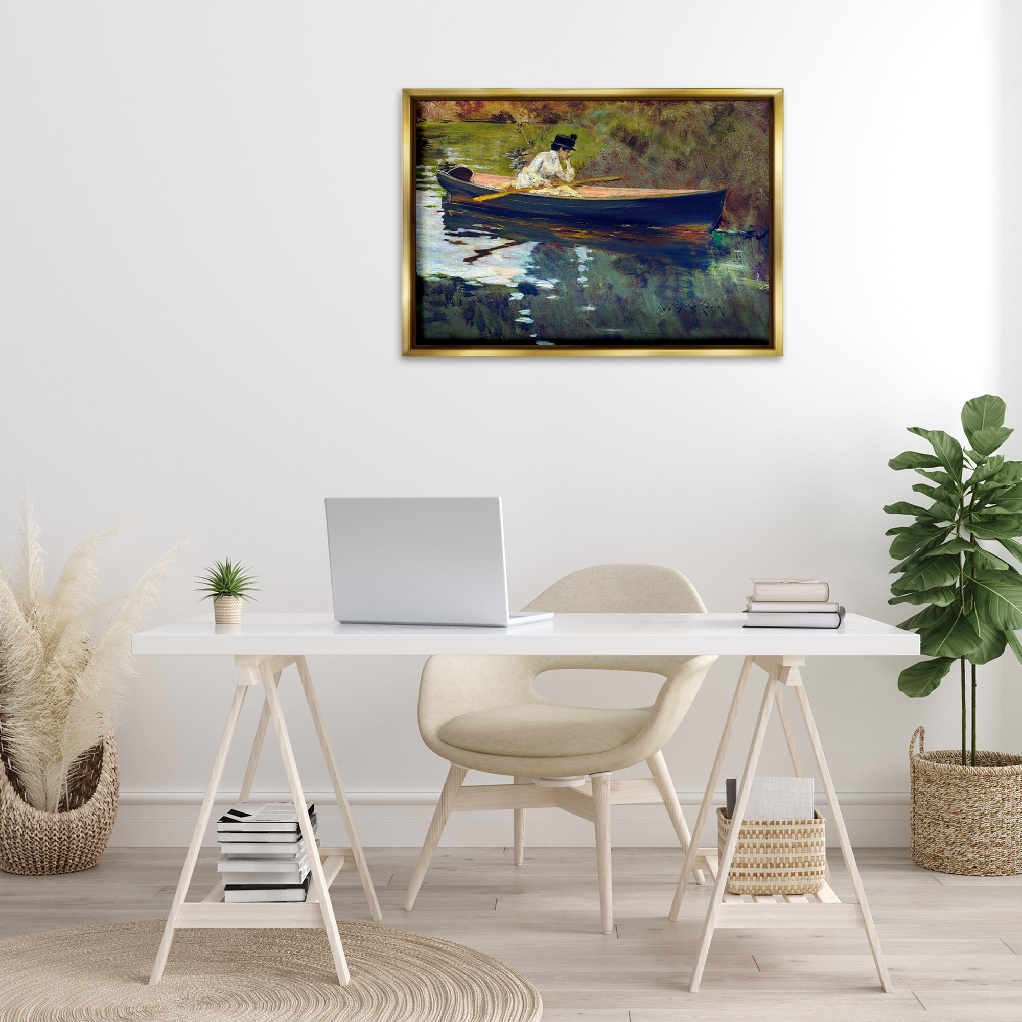 Stupell Industries Thoughtful Woman on Canoe Novelty Painting Gold Floater Framed Art Print Wall Art, 31 x 21