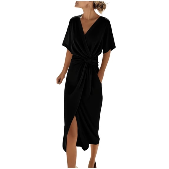 Qiopertar Women V-Neck Short Sleeve Knot Waist Wrap Midi Dress Casual Elegant Side Slit Flowy Fabric Spring Summer Brunch Vacation Cocktail Party Dress, Black L