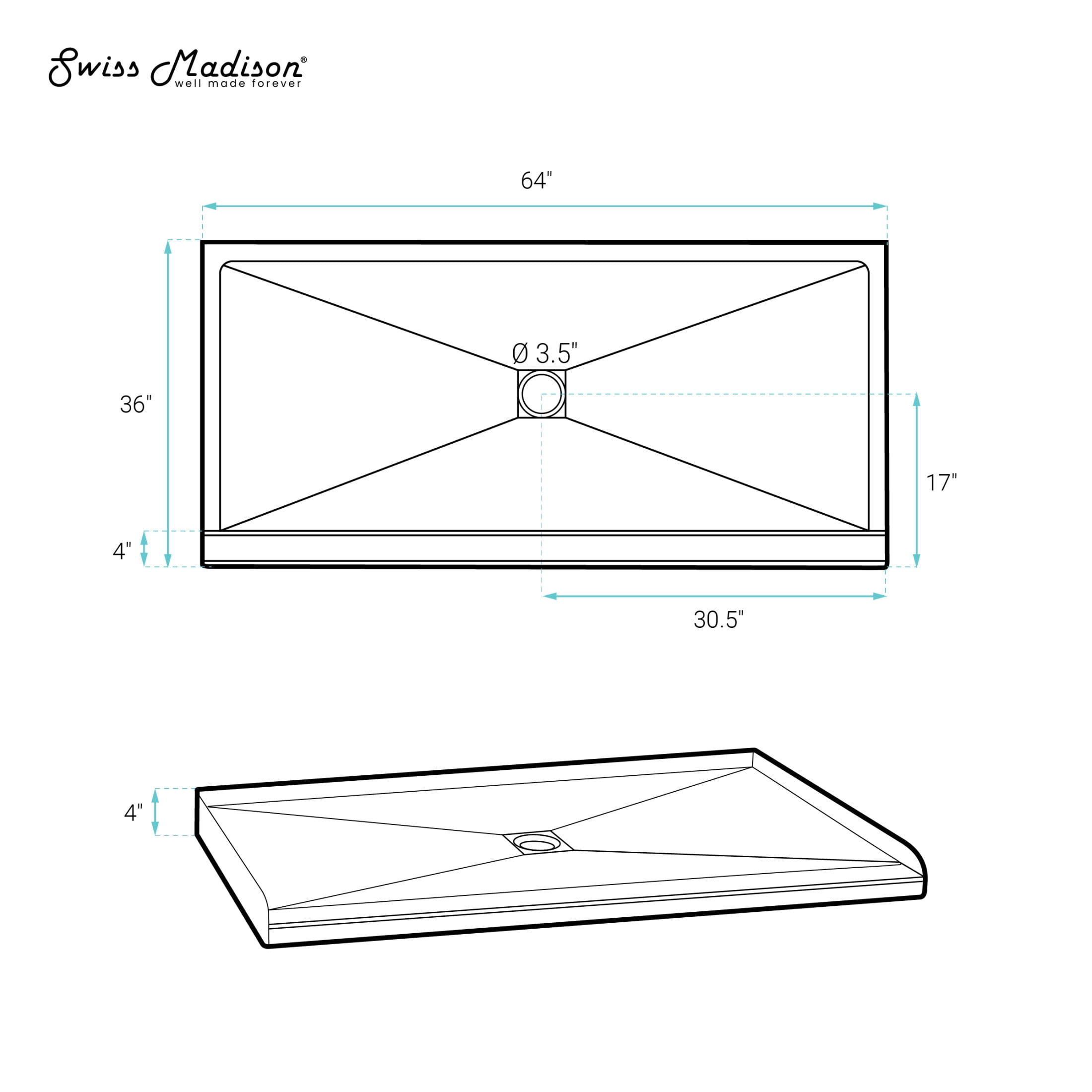 Alliance 64 x 36 ADA Shower Pan Base with Center Drain in Glossy White