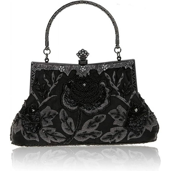 Kwuty Womens Vintage Floral Beaded Rhinestone Embroidery Clutch Sequin Crossbody Bag Evening Handbag for Bridal Wedding Party Prom