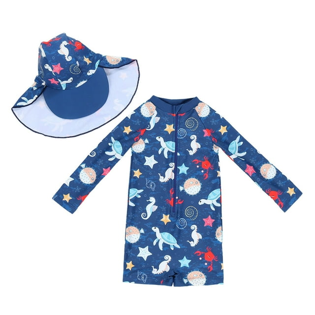 Hiiyo Toddler Boys' One-Piece Swimsuit Short Sleeve Quick Dry UPF50+ Rash Guard Bathing Suit with Hat