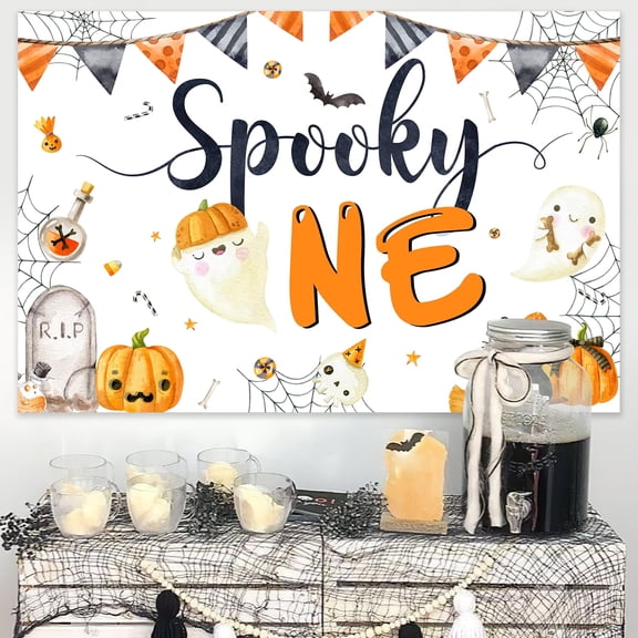 Brand Halloween First Birthday Backdrop Spooky One Orange And Black Party Background Banner 4.9 x 3.3 ft Vinyl Photo Booth Wall Decoration For Boys Girls Cake Table Decor Indoor Outdoor Celebration