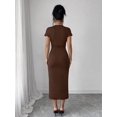thumbnail image 2 of Women Deep V Neck Short Sleeve Midi Dress Ruched Waist Bodycon Dress for Office Date Party Dinner, 2 of 9