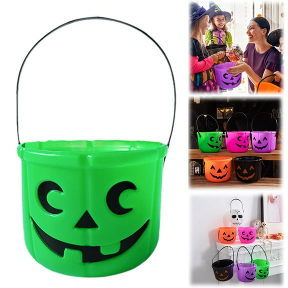 Halloween Trick or Treat Bucket, Halloween Jack O Lantern Candy Basket, Trick or Treat Pumpkin Pails Cauldron Kettle Candy Holder, Halloween Party Supplies(Green)