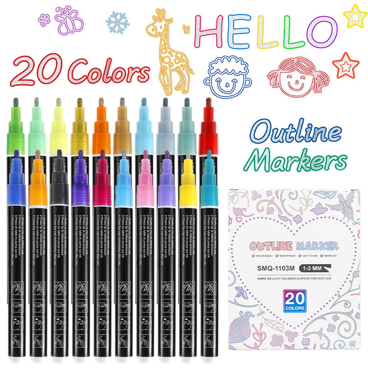 Sutowe Outline Markers Pens,Super Squiggles Outline Markers, Shimmer Markers 20 Colors Double