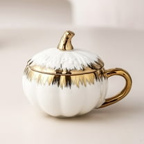 Ceramic Pumpkin Mug with Lid and Spoon Electroplated European Style Cup - Cute Breakfast Mug Halloween Gift 300ml Capacity(Gold)