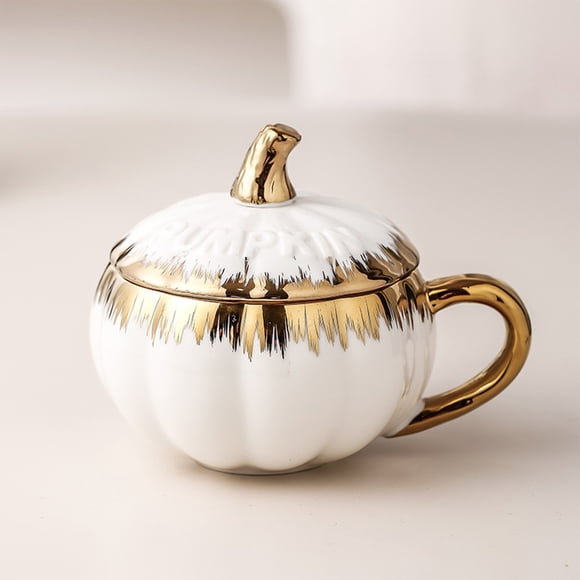 LSLJS Halloween Decorations Ceramic Pumpkin Cup European-style Electroplated Cup Cute Mug High-value Breakfast Cup With Lid and Spoon Cup Halloween Gift 300ML Halloween Party Supplies